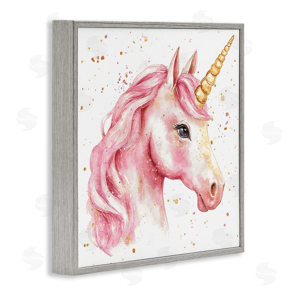 Creative Studio Pink Unicorn with Paint Splatter Gray Framed Giclee Wall Art Print