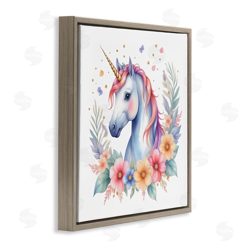 Creative Studio Colorful Unicorn with Flowers Brown Floating Frame Canvas Wall Art Print