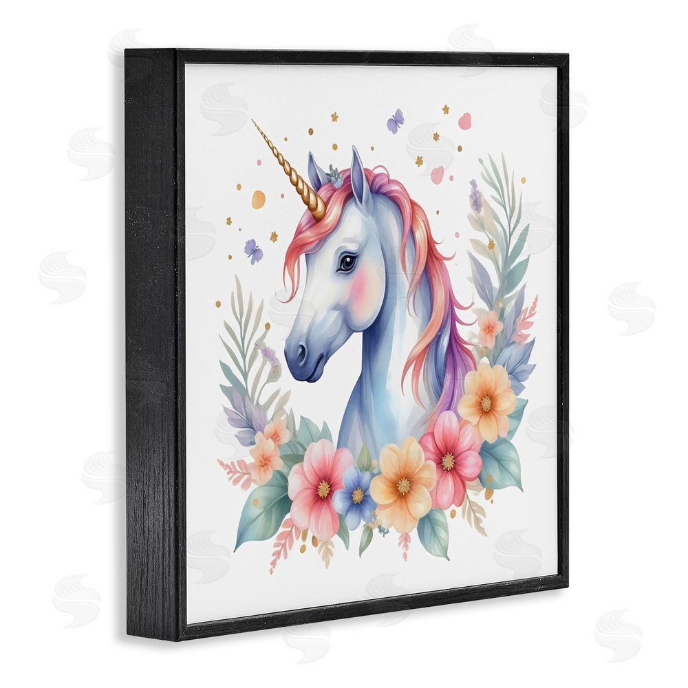 Creative Studio Colorful Unicorn with Flowers Black Framed Giclee Wall Art Print