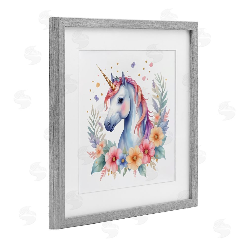 Creative Studio Colorful Unicorn with Flowers Gray Framed Print Under Glass with White Mat Wall Art