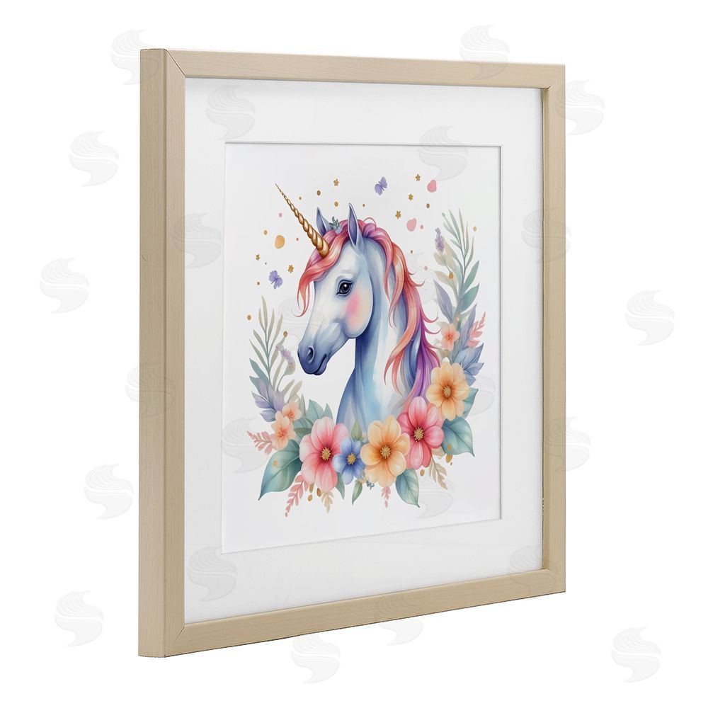 Creative Studio Colorful Unicorn with Flowers Birch Framed Print Under Glass with White Mat Wall Art