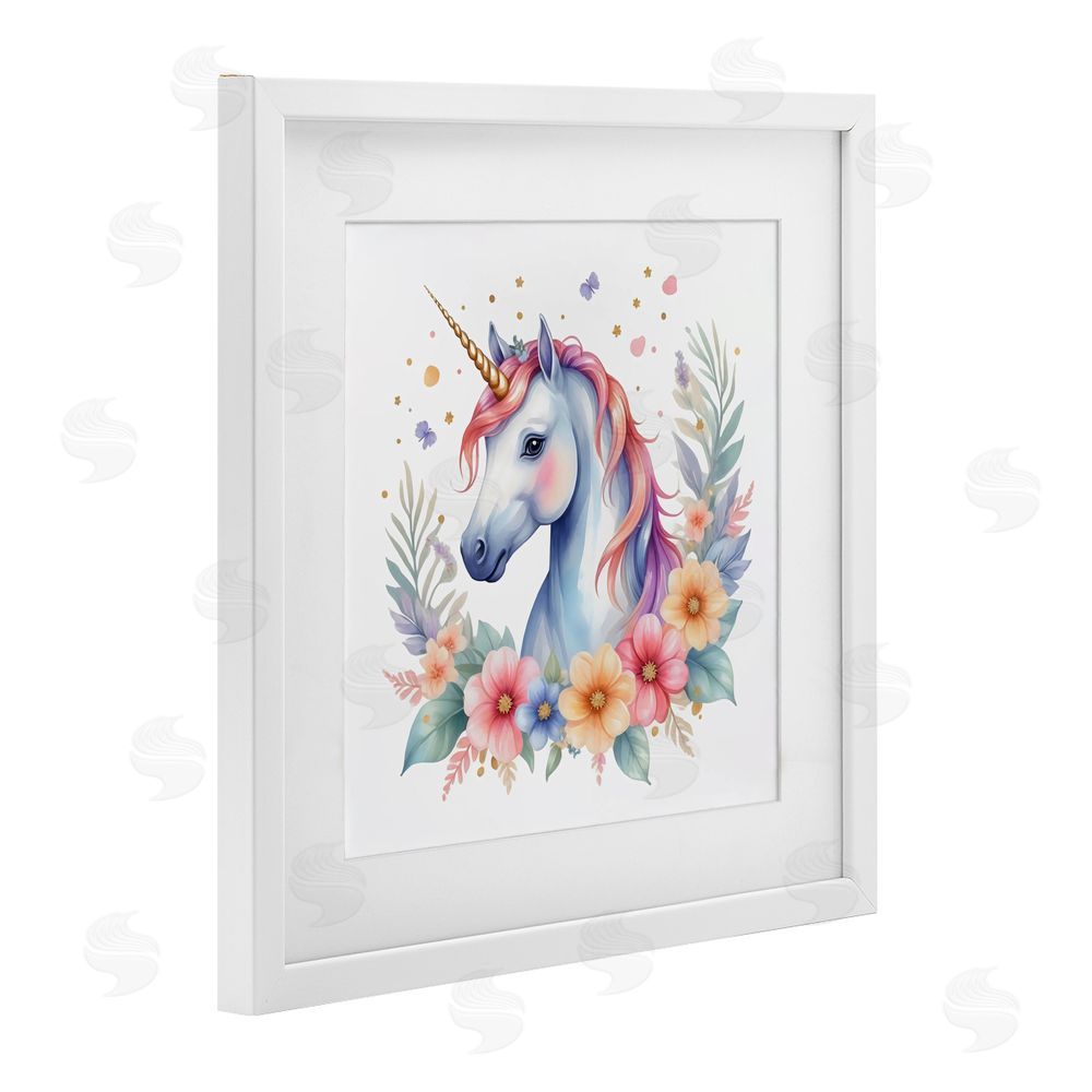Creative Studio Colorful Unicorn with Flowers White Framed Print Under Glass with Mat Wall Art
