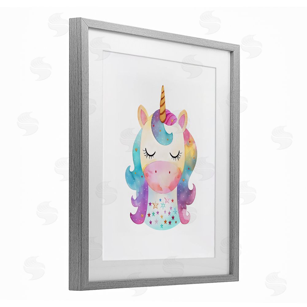 LSR Design Studio Unicorn Nursery Fantasy Animal Gray Framed Print Under Glass with White Mat Wall Art
