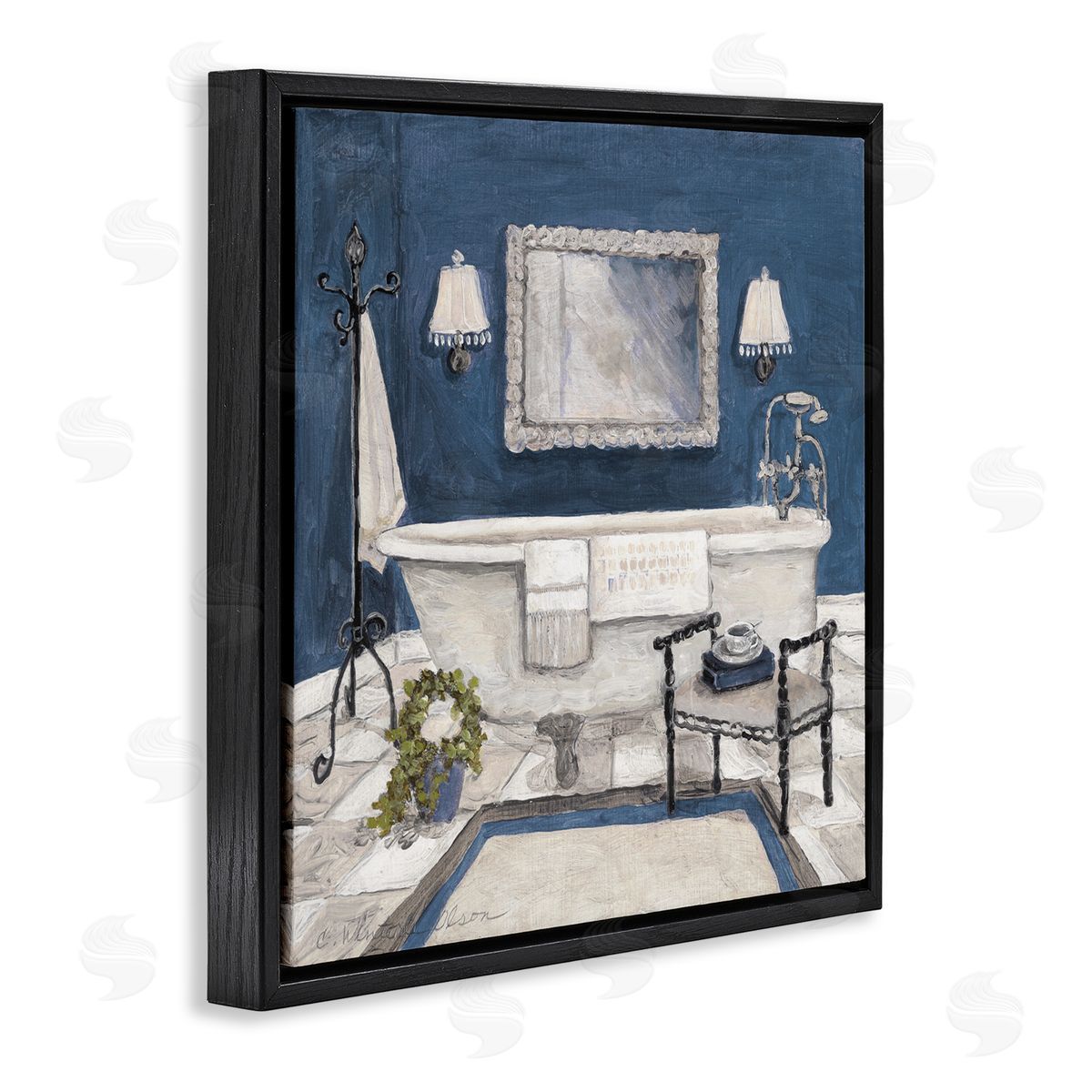 Charlene Olson Blue Bath Ready For Relaxing Black Floating Frame Canvas Wall Art Print