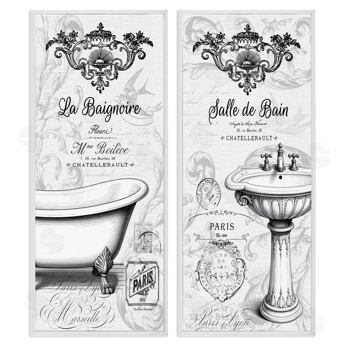Lettered and Lined Antique French Bathroom Motifs Canvas Wall Art Print