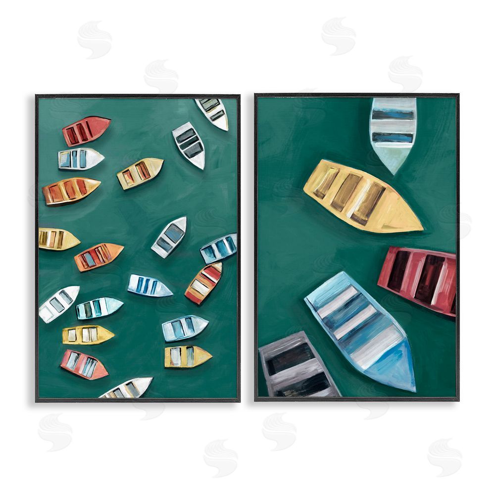 Hannah Dawson Drifting Colorful Rowboats Black Framed Giclee Art Set