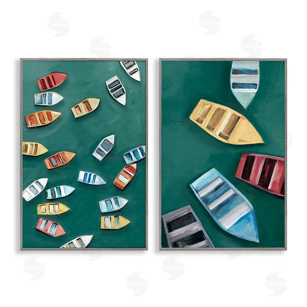Hannah Dawson Drifting Colorful Rowboats Gray Framed Giclee Art Set
