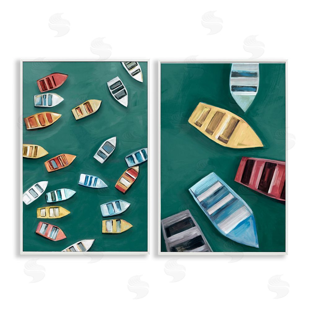 Hannah Dawson Drifting Colorful Rowboats White Frame Giclee Art Set