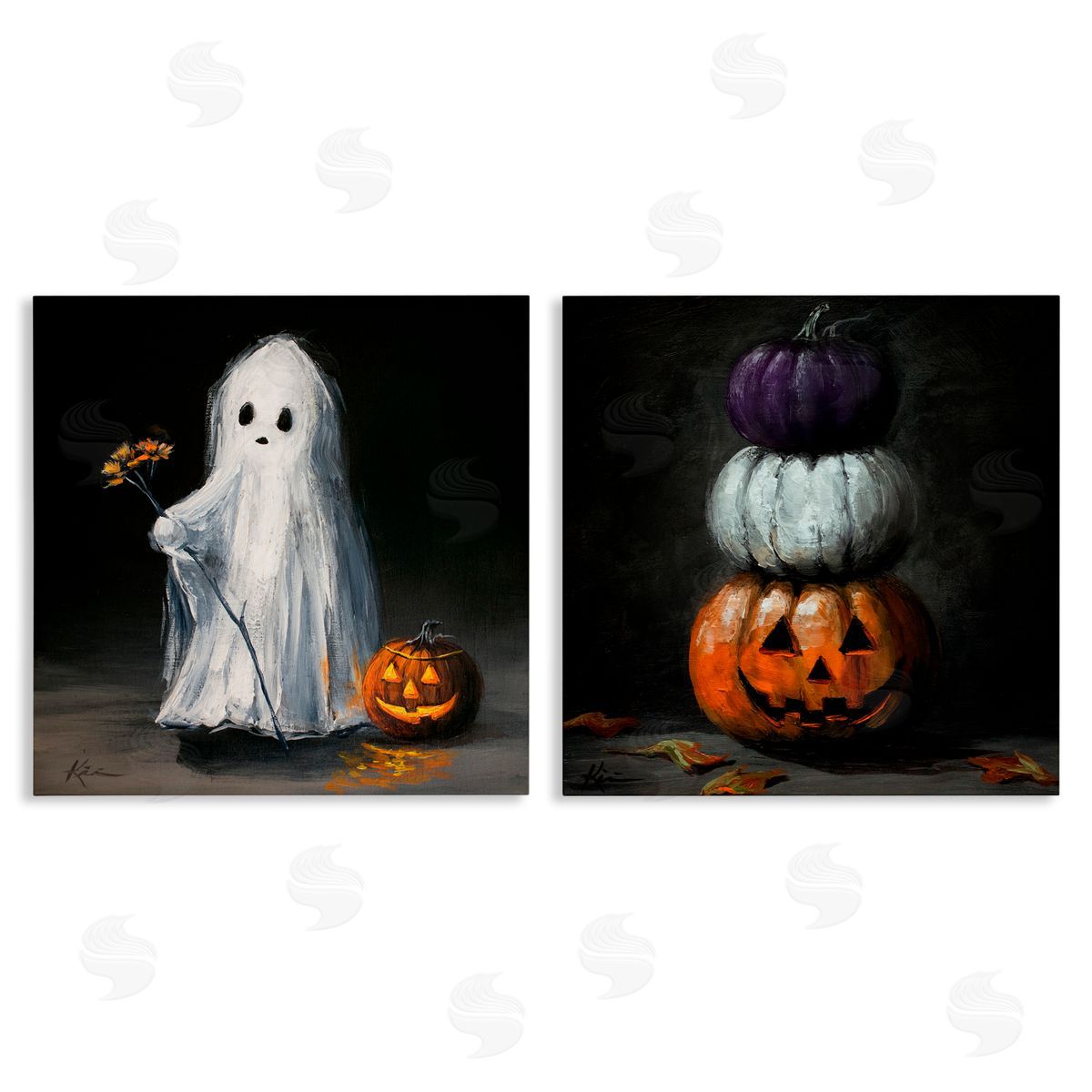 Lindsay Kivi Fine Art Vintage Halloween Ghost & Pumpkin Stack Canvas Wall Art Print