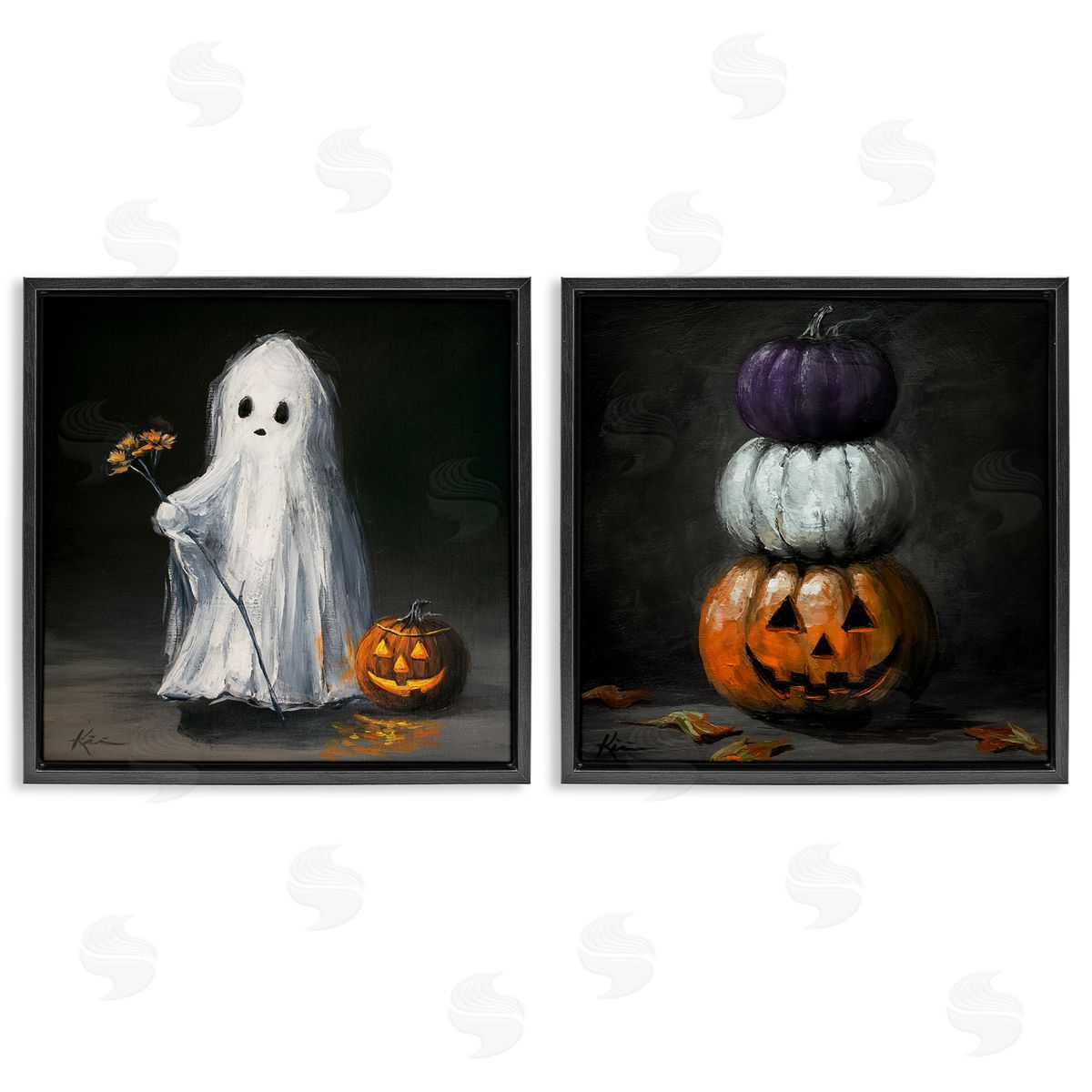 Lindsay Kivi Fine Art Vintage Halloween Ghost & Pumpkin Stack Canvas Wall Art Print