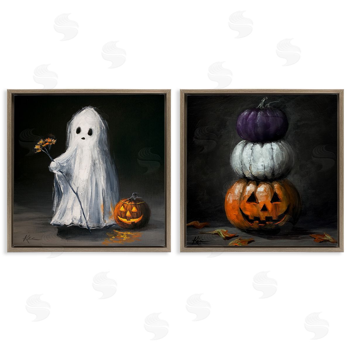 Lindsay Kivi Fine Art Vintage Halloween Ghost & Pumpkin Stack Canvas Wall Art Print