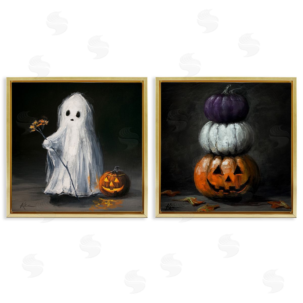Lindsay Kivi Fine Art Vintage Halloween Ghost & Pumpkin Stack Canvas Wall Art Print