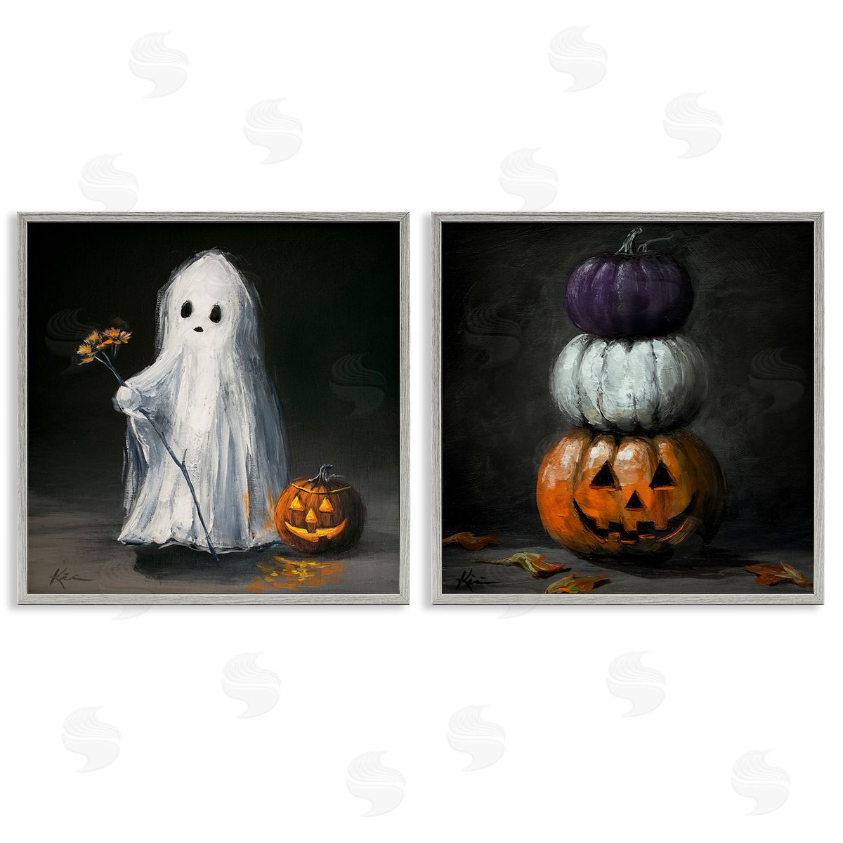 Lindsay Kivi Fine Art Vintage Halloween Ghost & Pumpkin Stack Canvas Wall Art Print