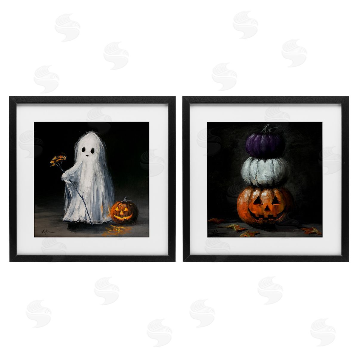 Lindsay Kivi Fine Art Vintage Halloween Ghost & Pumpkin Stack Canvas Wall Art Print