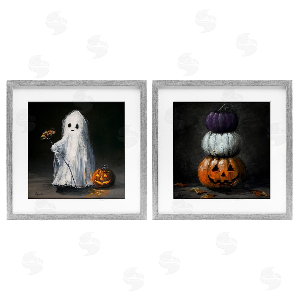 Lindsay Kivi Fine Art Vintage Halloween Ghost & Pumpkin Stack Canvas Wall Art Print
