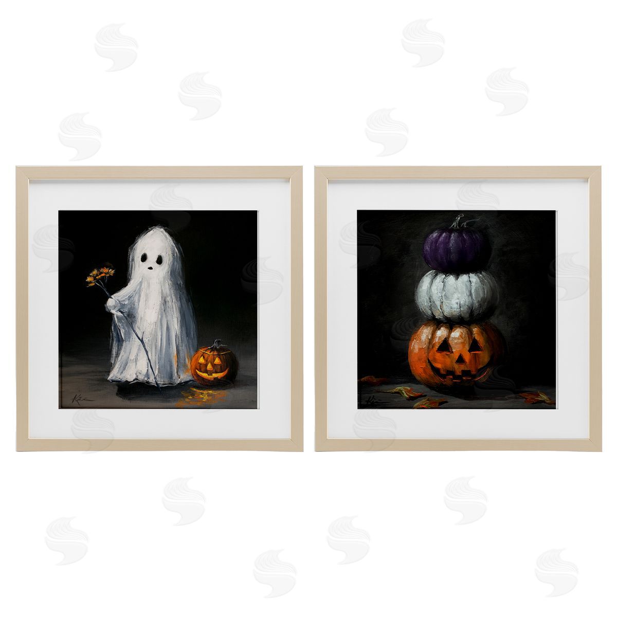 Lindsay Kivi Fine Art Vintage Halloween Ghost & Pumpkin Stack Canvas Wall Art Print