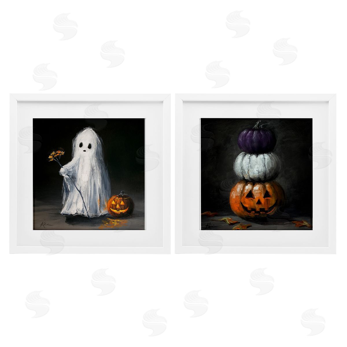 Lindsay Kivi Fine Art Vintage Halloween Ghost & Pumpkin Stack Canvas Wall Art Print