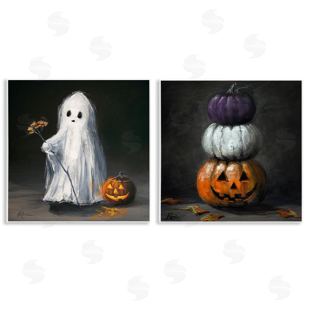Lindsay Kivi Fine Art Vintage Halloween Ghost & Pumpkin Stack Canvas Wall Art Print