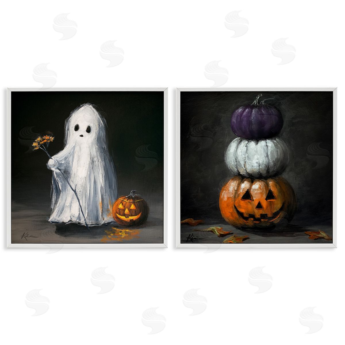 Lindsay Kivi Fine Art Vintage Halloween Ghost & Pumpkin Stack Canvas Wall Art Print