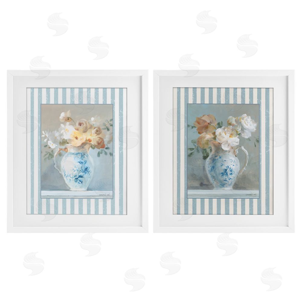 Danhui Nai Heirloom Bouquet on Stripes White Framed Print Under Glass Set