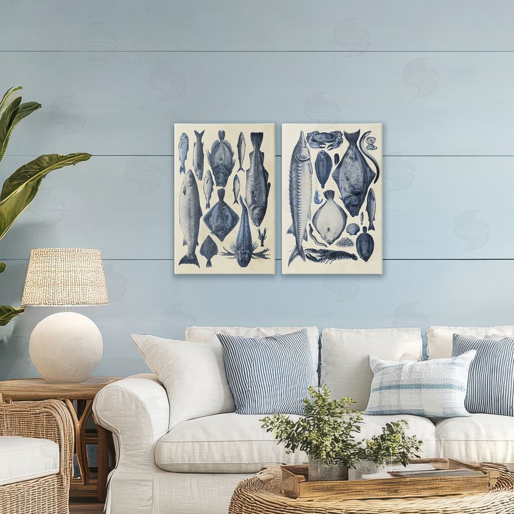 Alicia Longley Various Vintage Blue Fish Chart Printed Wall Art Set in Room