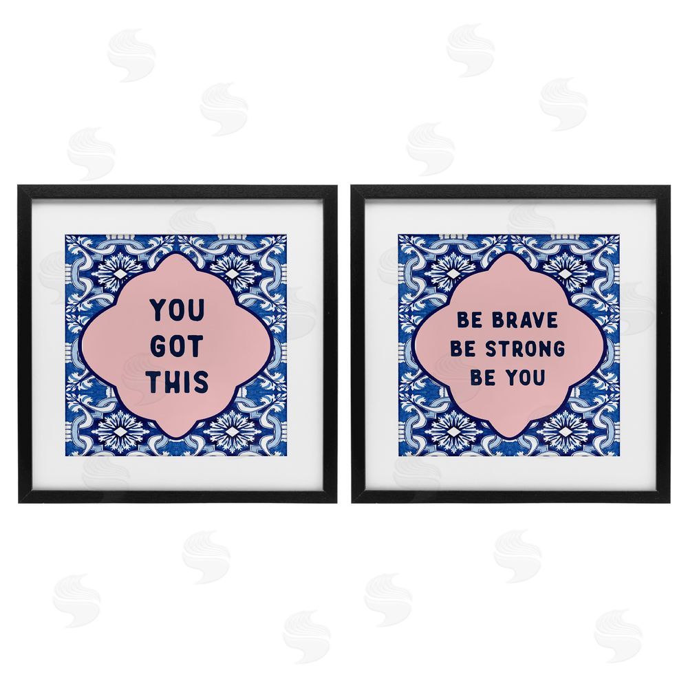 Lettered and Lined Encouraging Words on Boho Black Framed Print Under Glass Set