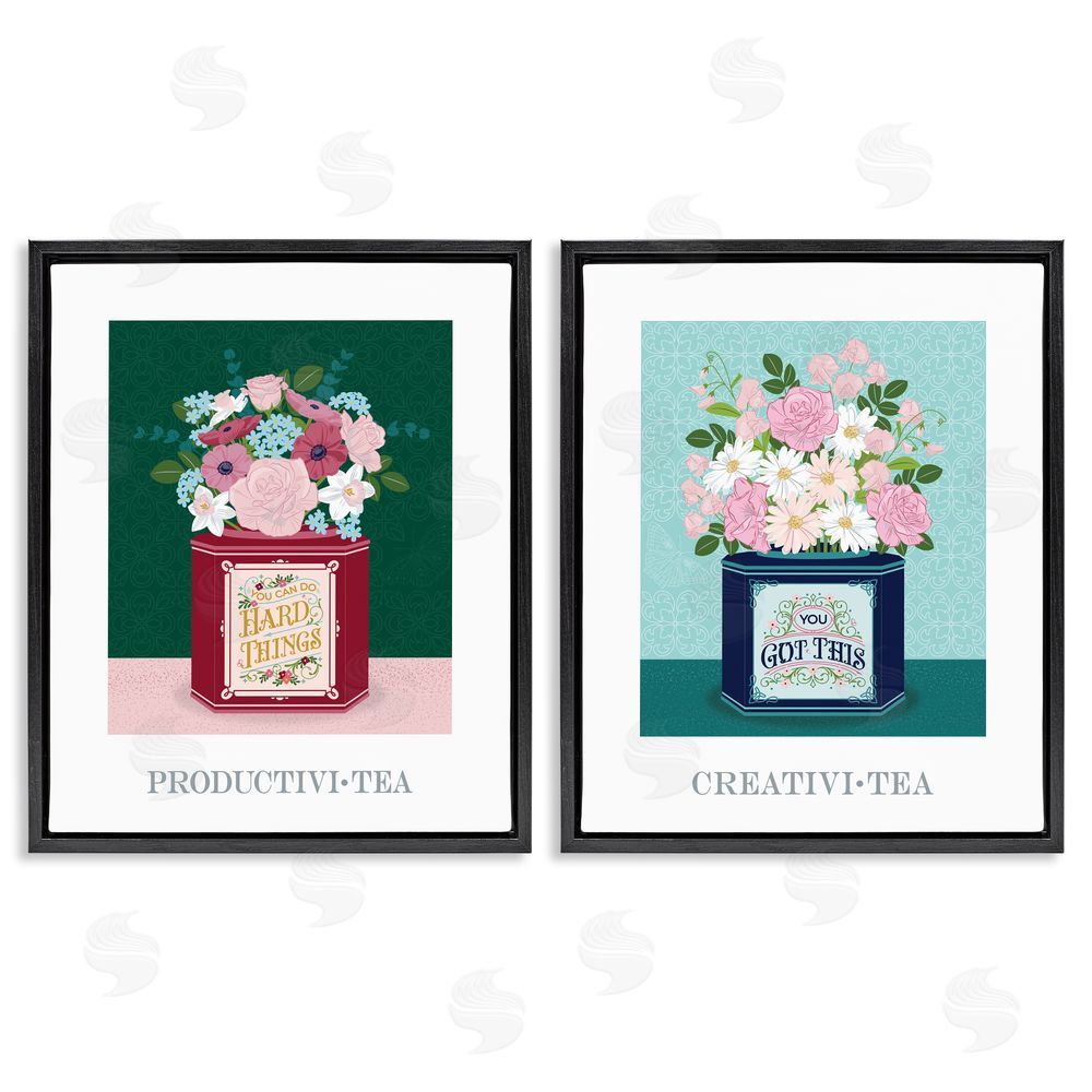Lara Beeston Motivational Floral Tea Tins Black Floating Frame Canvas Wall Art Set