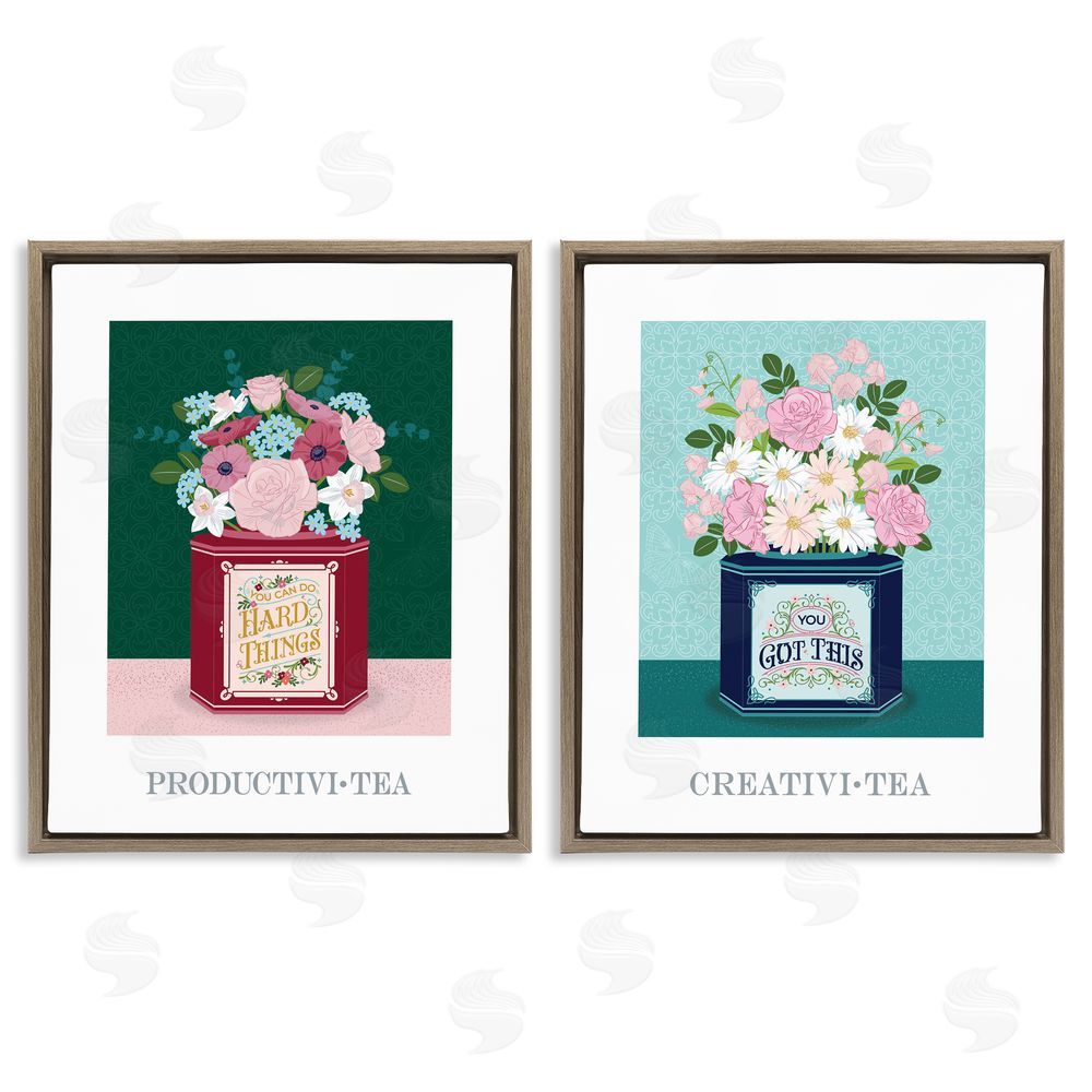Lara Beeston Motivational Floral Tea Tins Brown Floating Frame Canvas Art Set