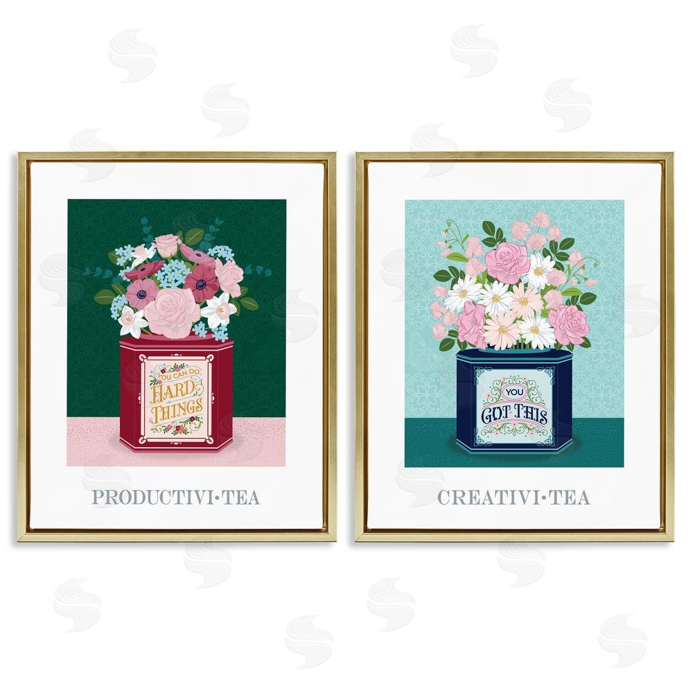 Lara Beeston Motivational Floral Tea Tins Gold Floating Frame Canvas Art Set