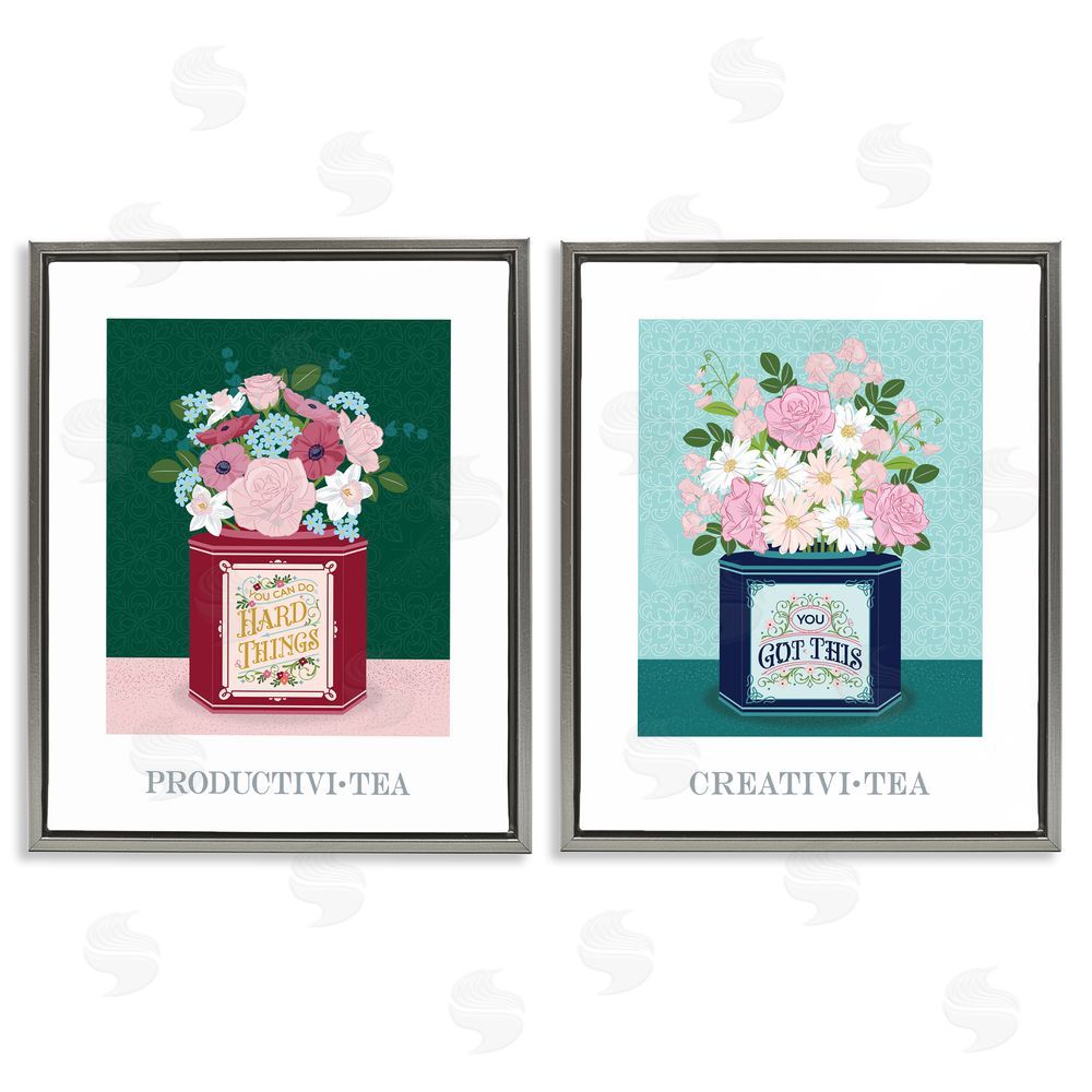 Lara Beeston Motivational Floral Tea Tins Gray Floating Frame Canvas Art Set
