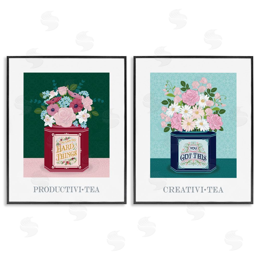 Lara Beeston Motivational Floral Tea Tins Black Framed Giclee Art Set