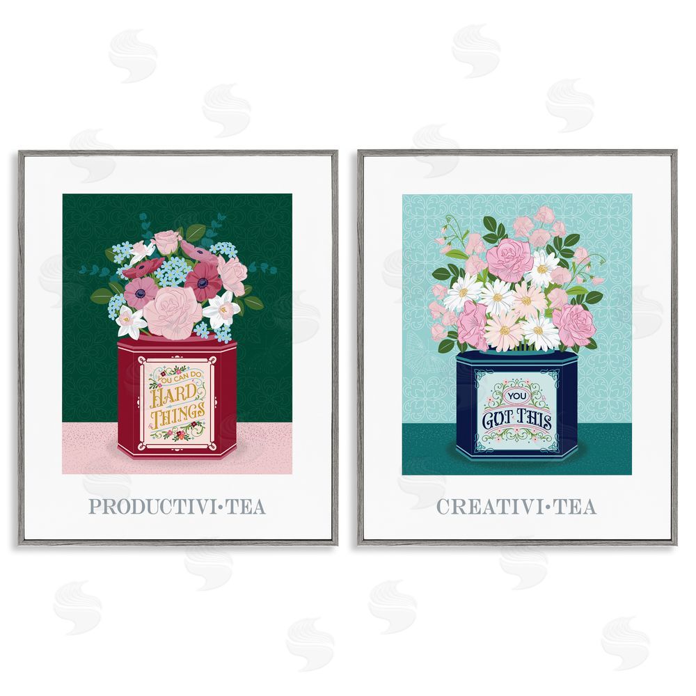Lara Beeston Motivational Floral Tea Tins Gray Framed Giclee Art Set