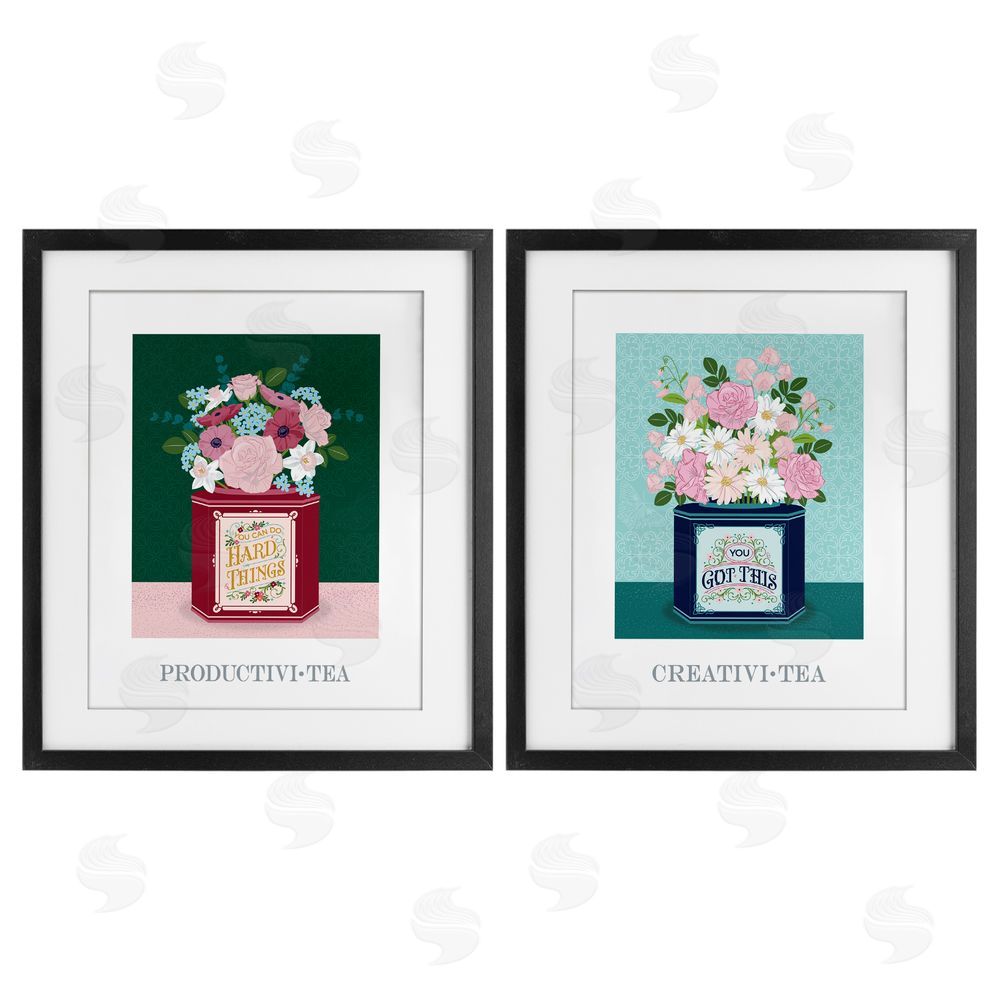 Lara Beeston Motivational Floral Tea Tins Black Framed Print Under Glass Set