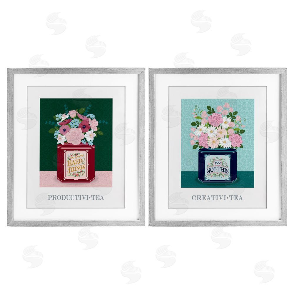 Lara Beeston Motivational Floral Tea Tins Gray Framed Print Under Glass Set