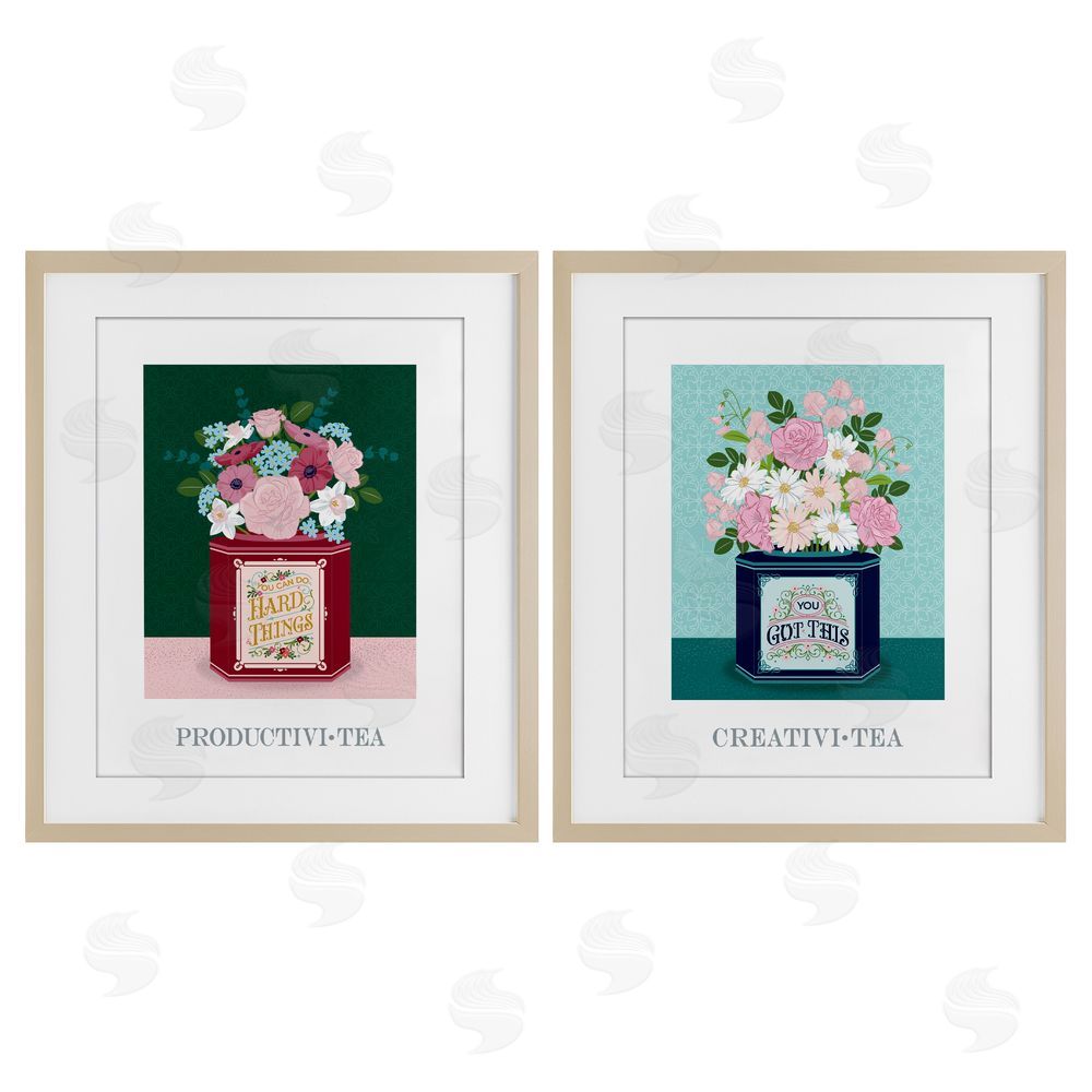 Lara Beeston Motivational Floral Tea Tins Birch Framed Print Under Glass Set