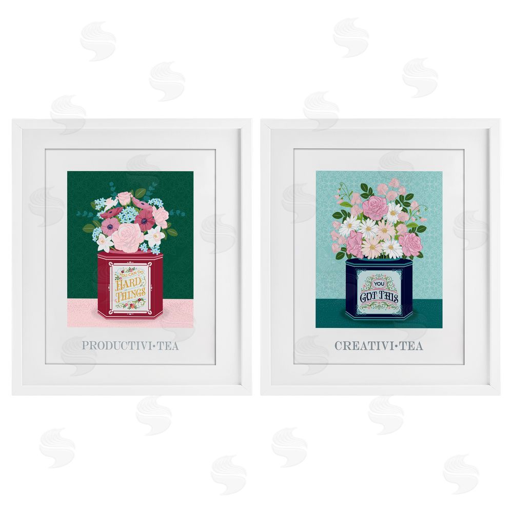 Lara Beeston Motivational Floral Tea Tins White Framed Print Under Glass Set