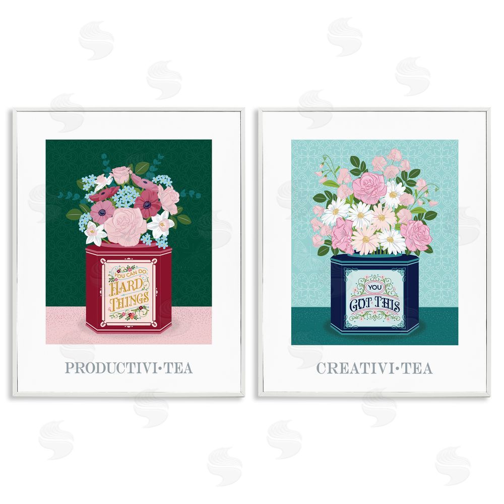Lara Beeston Motivational Floral Tea Tins White Frame Giclee Art Set