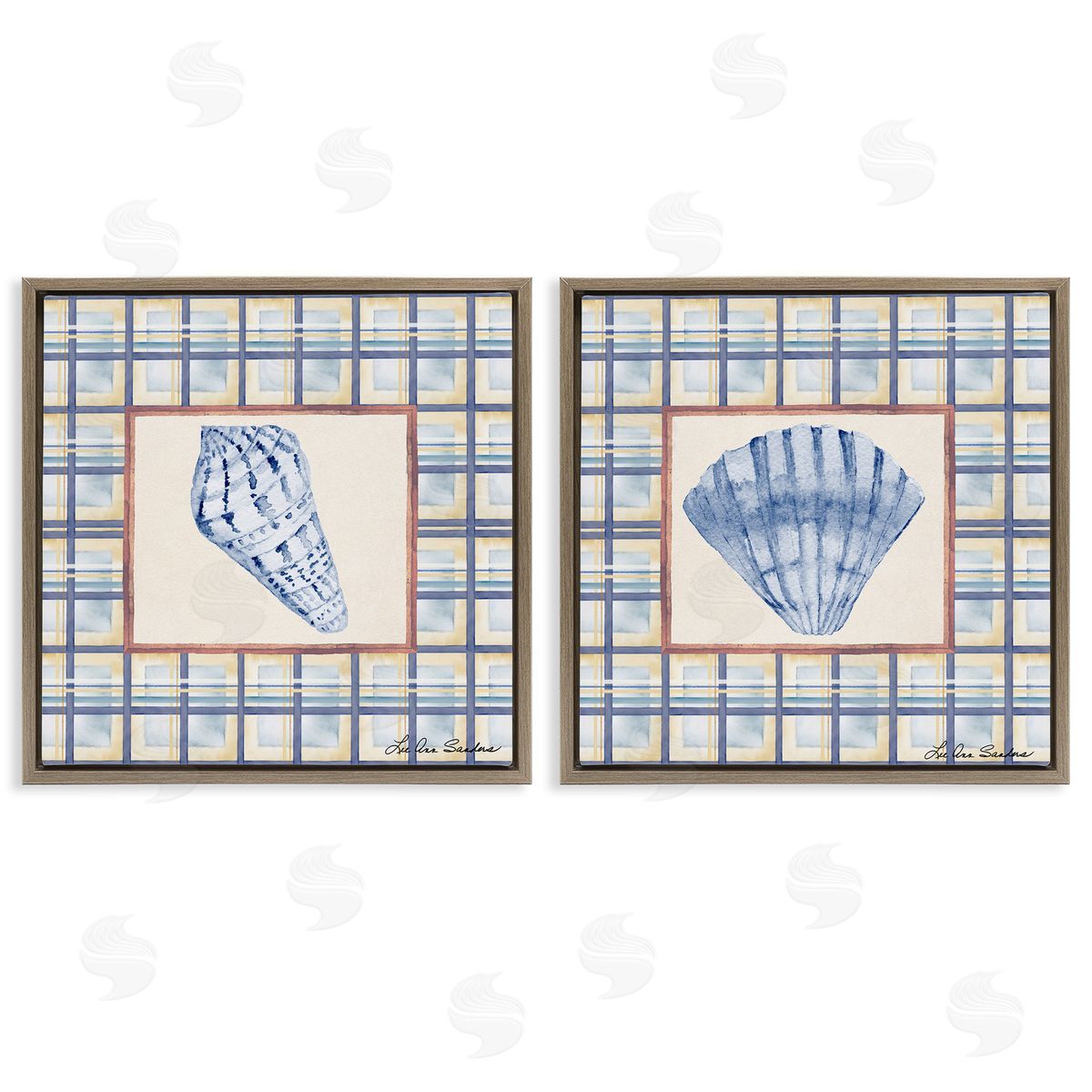 Lee Ann Sanders Sea Treasures Over Pattern Brown Floating Frame Canvas Art Set