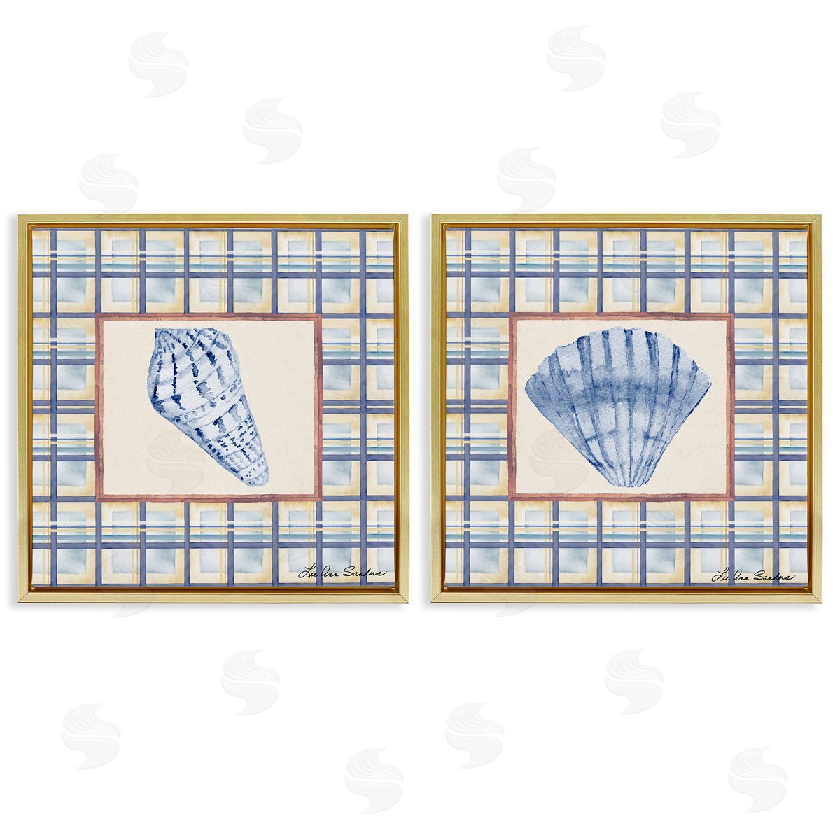 Lee Ann Sanders Sea Treasures Over Pattern Gold Floating Frame Canvas Art Set