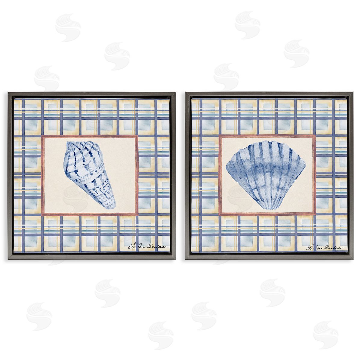 Lee Ann Sanders Sea Treasures Over Pattern Gray Floating Frame Canvas Art Set