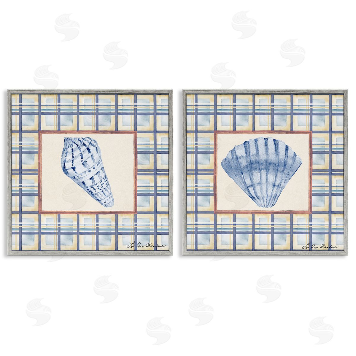 Lee Ann Sanders Sea Treasures Over Pattern Gray Framed Giclee Art Set