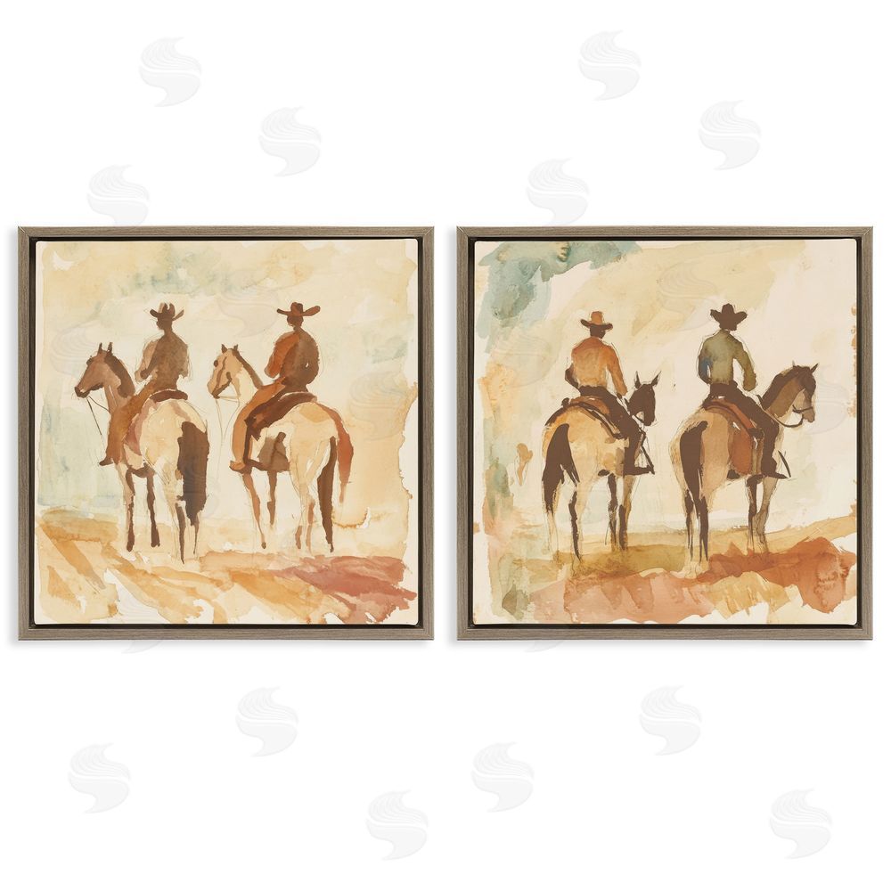 Petal Prints Design Western Watercolor Cowboy Pairs Brown Floating Frame Canvas Wall Art Print