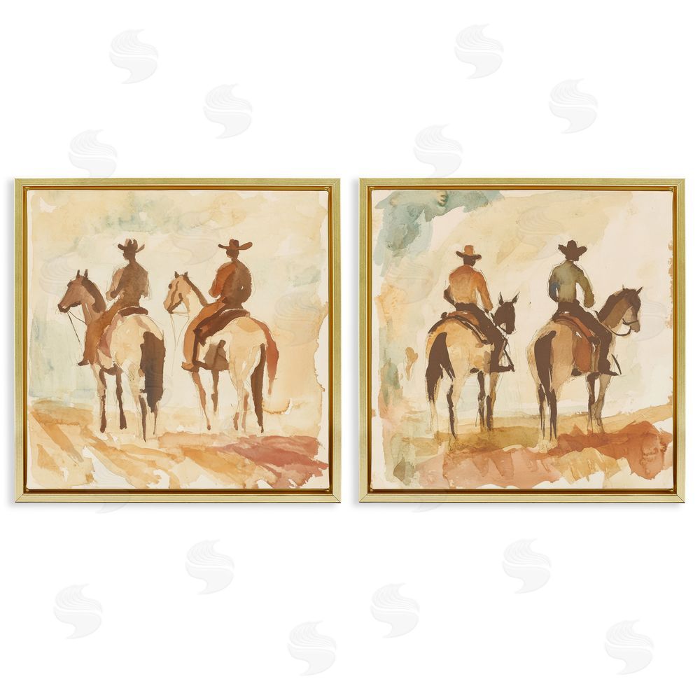Petal Prints Design Western Watercolor Cowboy Pairs Gold Floating Frame Canvas Wall Art Print