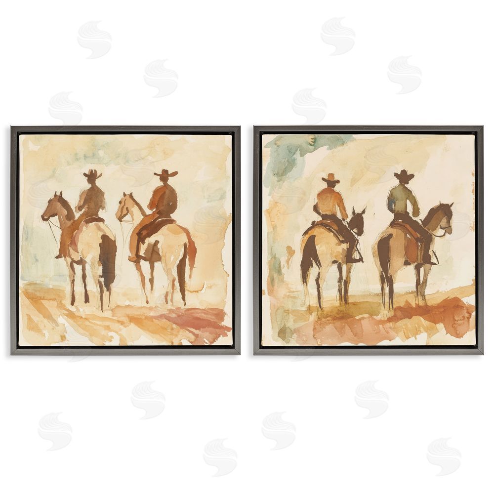 Petal Prints Design Western Watercolor Cowboy Pairs Gray Floating Frame Canvas Wall Art Print