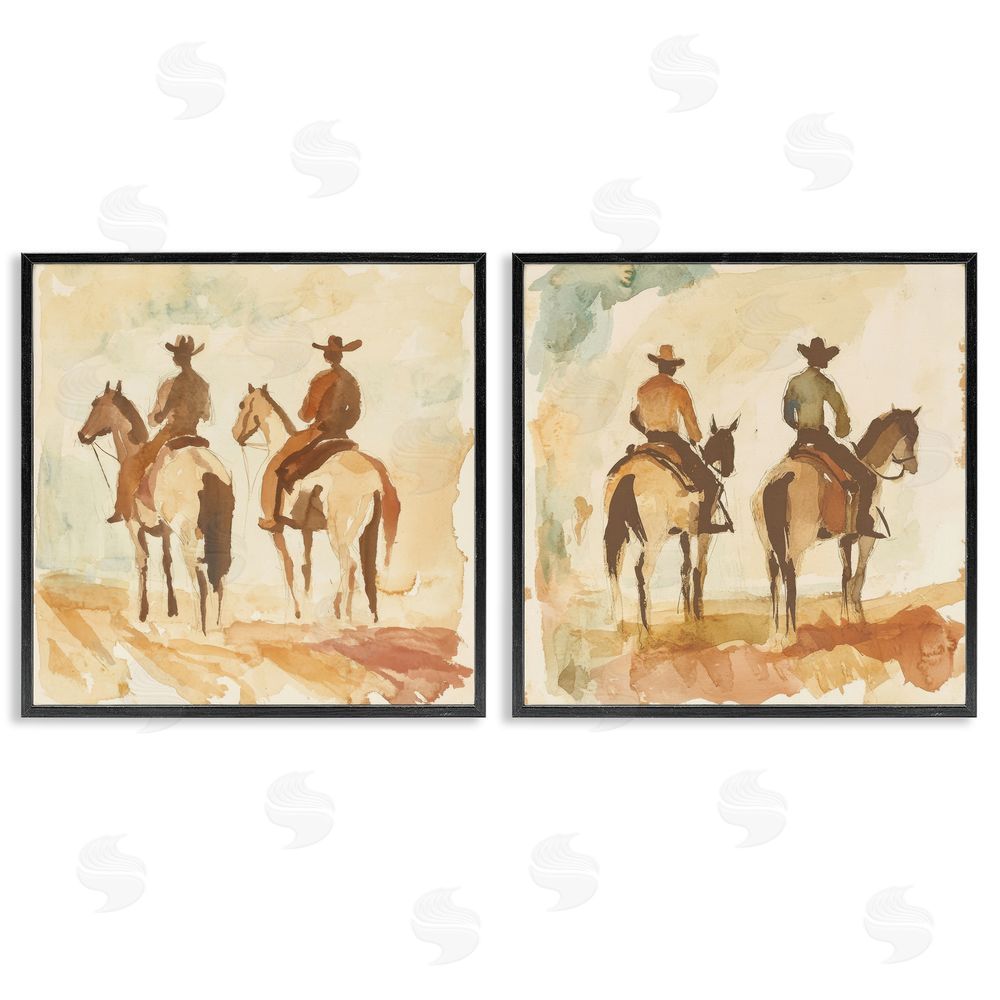 Petal Prints Design Western Watercolor Cowboy Pairs Black Framed Giclee Wall Art Print