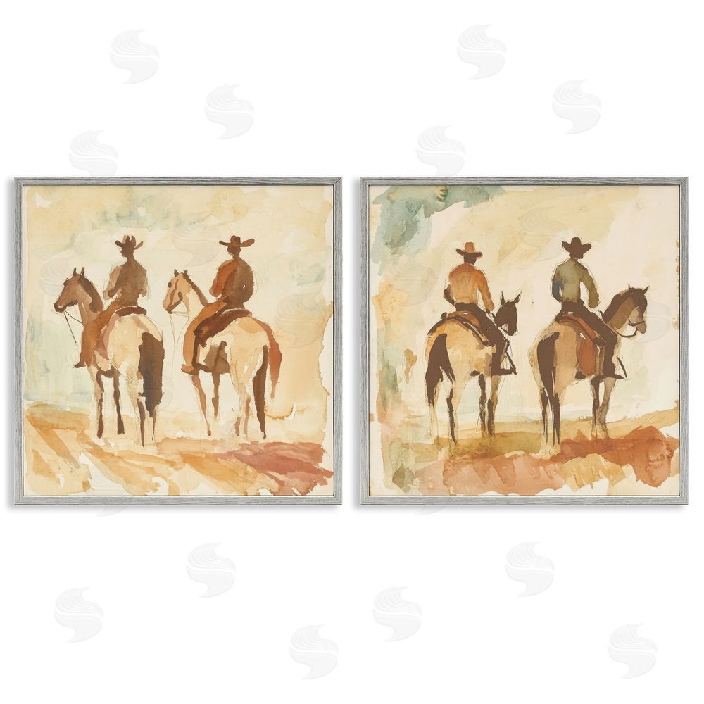 Petal Prints Design Western Watercolor Cowboy Pairs Gray Framed Giclee Wall Art Print
