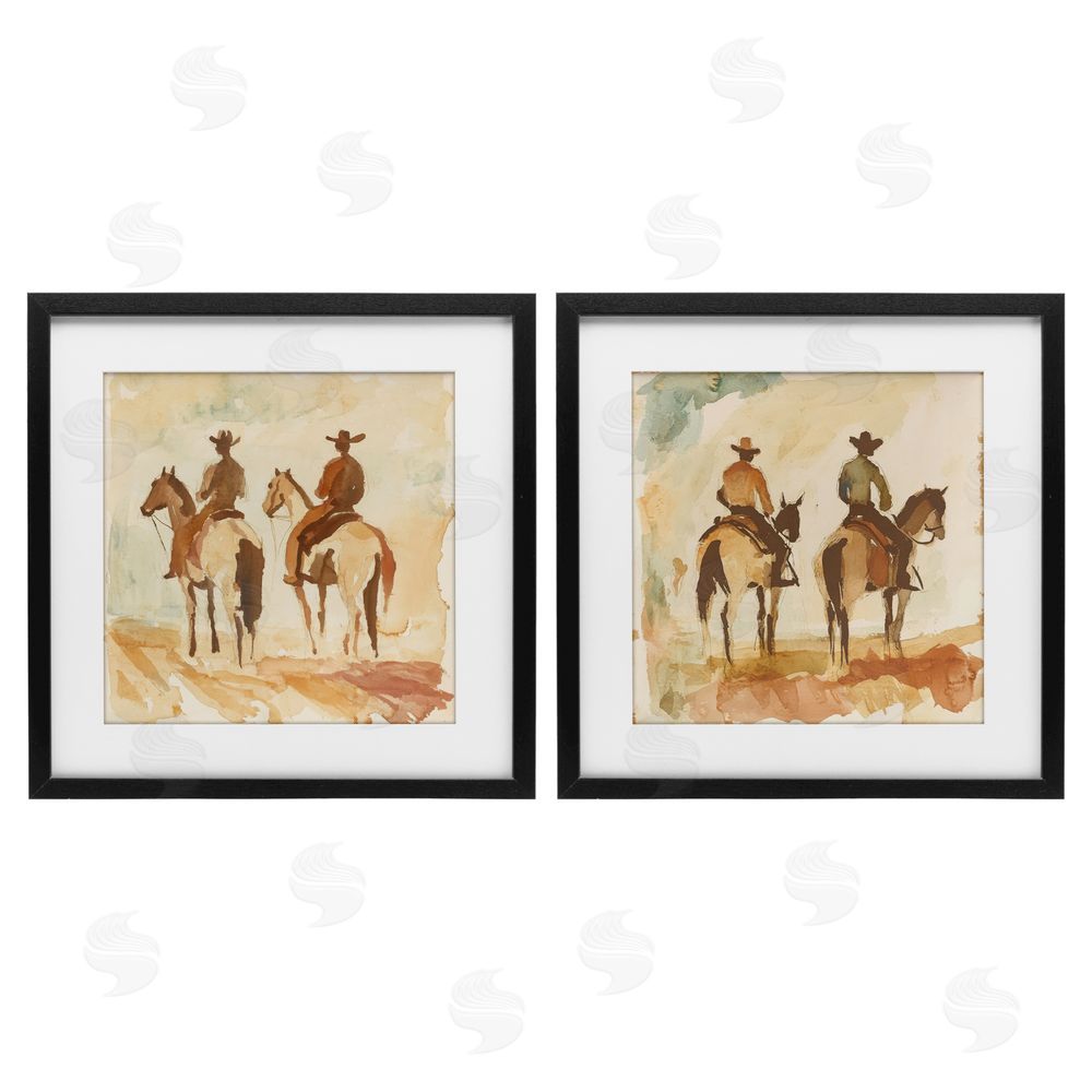 Petal Prints Design Western Watercolor Cowboy Pairs Black Framed Print Under Glass with White Mat Wall Art