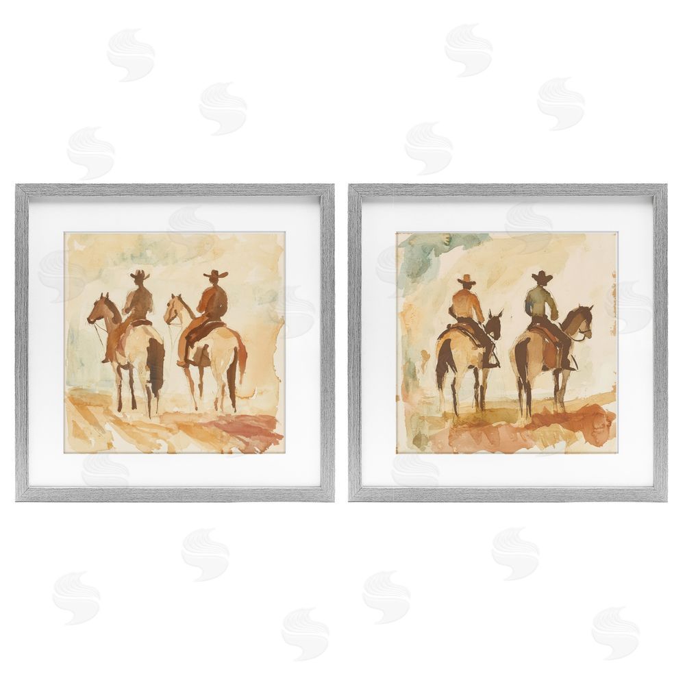 Petal Prints Design Western Watercolor Cowboy Pairs Gray Framed Print Under Glass with White Mat Wall Art