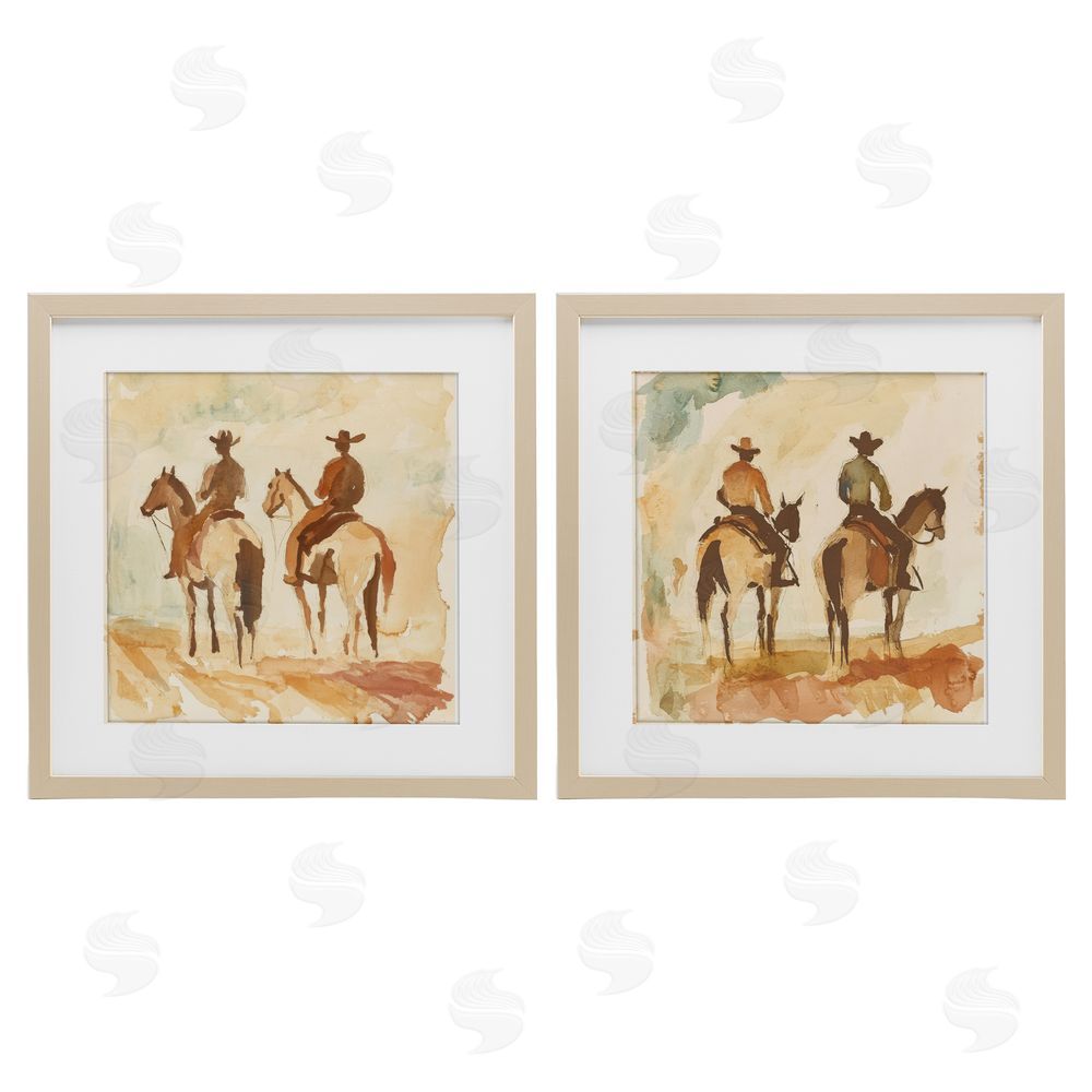Petal Prints Design Western Watercolor Cowboy Pairs Birch Framed Print Under Glass with White Mat Wall Art