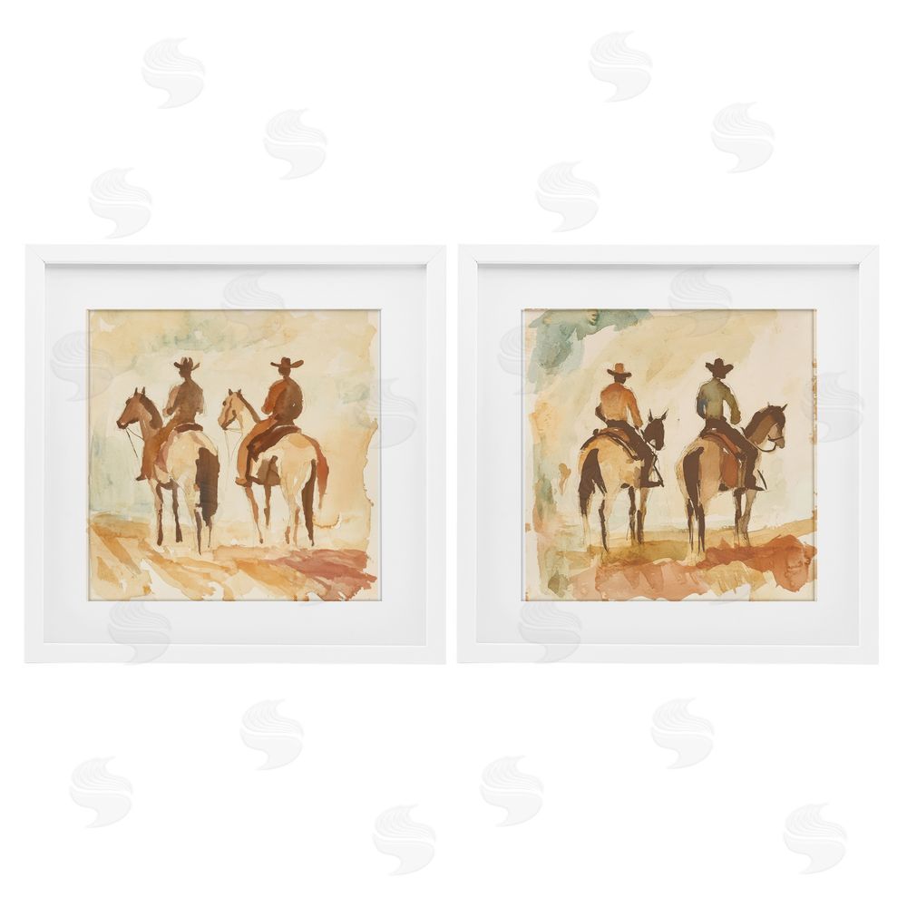 Petal Prints Design Western Watercolor Cowboy Pairs White Framed Print Under Glass with Mat Wall Art